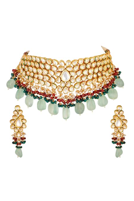 Shop ChhavI'S Jewels Gold Plated Stones, Beads Kundan Drop Choker Set at Aza Fashions Shop_ChhavI'S Jewels_Gold Plated Stones, Beads Kundan Drop Choker Set _at_Aza_Fashions