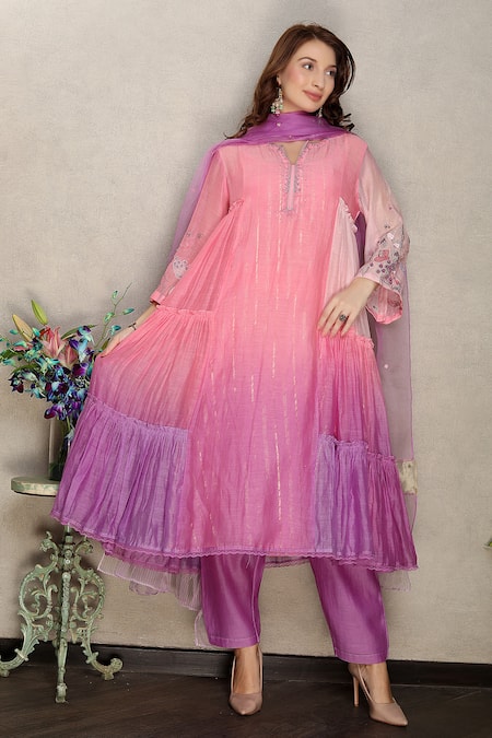 Falguni.Foram_Pink , Chanderi, Lurex, Organza Sequins, Embroidery Anarkali Pant Set _Online_at_Aza_Fashions