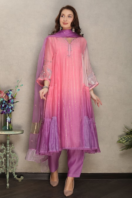 Buy_Falguni.Foram_Pink , Chanderi, Lurex, Organza Sequins, Embroidery Anarkali Pant Set _Online_at_Aza_Fashions