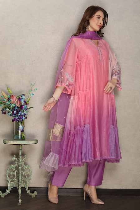 Shop_Falguni.Foram_Pink , Chanderi, Lurex, Organza Sequins, Embroidery Anarkali Pant Set _Online_at_Aza_Fashions