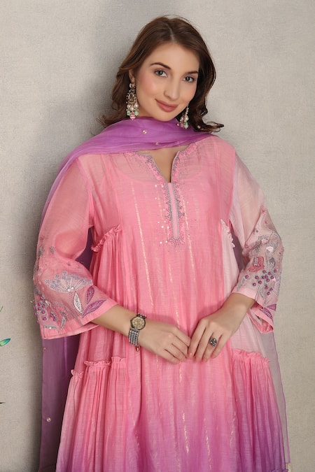 Falguni.Foram_Pink , Chanderi, Lurex, Organza Sequins, Embroidery Anarkali Pant Set _at_Aza_Fashions