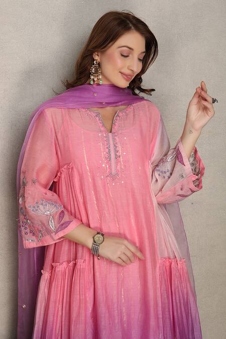 Buy_Falguni.Foram_Pink , Chanderi, Lurex, Organza Sequins, Embroidery Anarkali Pant Set 