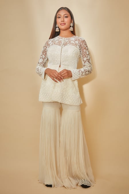 Premya By Manishii White Georgette, Tulle Cut Work, Sequins, Hand Embroidered Jacket And Sharara Set