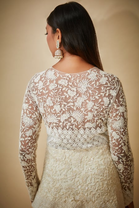 Shop Premya By Manishii White Georgette, Tulle Cut Work, Sequins, Hand Embroidered Jacket And Sharara Set at Aza Fashions Shop_Premya By Manishii_White Georgette, Tulle Cut Work, Sequins, Hand Embroidered Jacket And Sharara Set _at_Aza_Fashions
