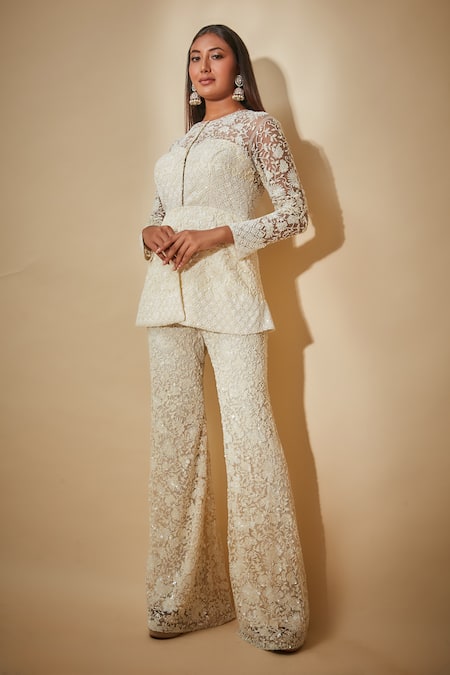 Shop Premya By Manishii White Georgette, Tulle Cut Work, Sequins, Hand Embroidered Jacket And Sharara Set Online at Aza Fashions Shop_Premya By Manishii_White Georgette, Tulle Cut Work, Sequins, Hand Embroidered Jacket And Sharara Set _Online_at_Aza_Fashions