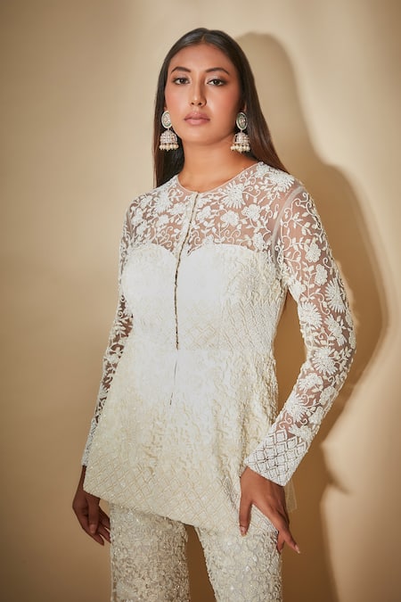 Premya By Manishii White Georgette, Tulle Cut Work, Sequins, Hand Embroidered Jacket And Sharara Set at Aza Fashions Premya By Manishii_White Georgette, Tulle Cut Work, Sequins, Hand Embroidered Jacket And Sharara Set _at_Aza_Fashions