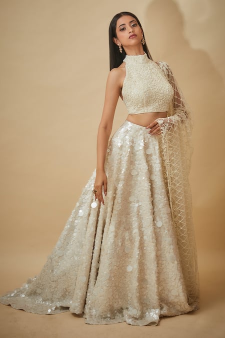 Premya By Manishii White Silk, Chiffon, Tulle Sequins Halter Neck Hand Embroidered Lehenga Set Online at Aza Fashions Premya By Manishii_White Silk, Chiffon, Tulle Sequins Halter Neck Hand Embroidered Lehenga Set _Online_at_Aza_Fashions