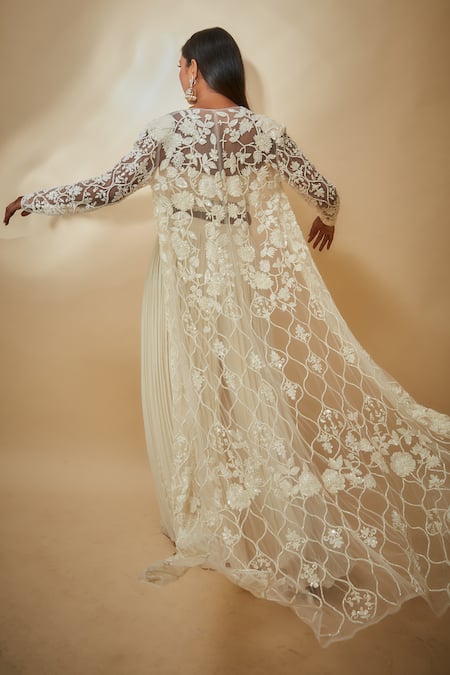 Shop_Premya By Manishii_White Tulle, Georgette Embroidery Round , Open Hand Jacket Trouser Set _at_Aza_Fashions