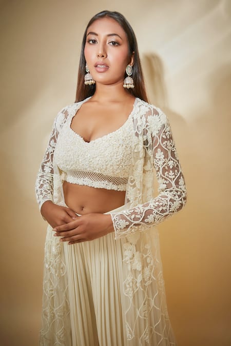 Premya By Manishii_White Tulle, Georgette Embroidery Round , Open Hand Jacket Trouser Set _Online_at_Aza_Fashions