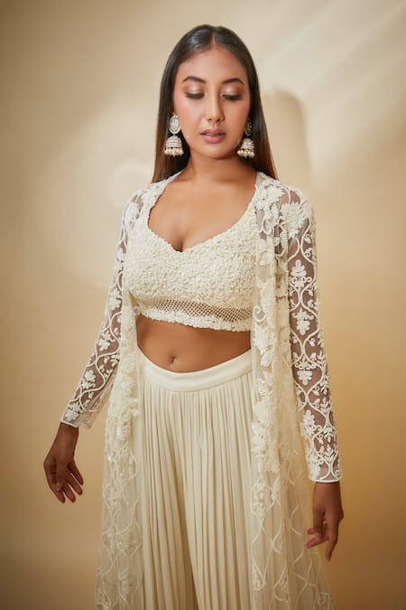 Buy_Premya By Manishii_White Tulle, Georgette Embroidery Round , Open Hand Jacket Trouser Set _Online_at_Aza_Fashions