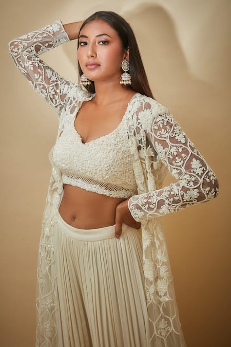 Shop_Premya By Manishii_White Tulle, Georgette Embroidery Round , Open Hand Jacket Trouser Set _Online_at_Aza_Fashions