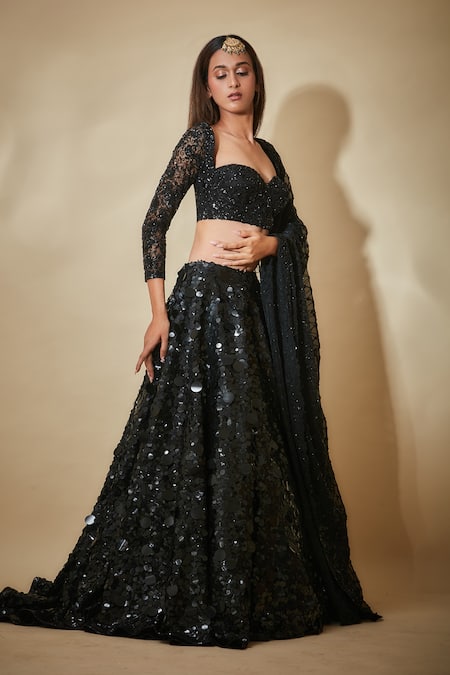 Premya By Manishii_Black Georgette, Tulle Sequins, Cut Work Sweetheart Hand Embroidered Lehenga Set _Online_at_Aza_Fashions