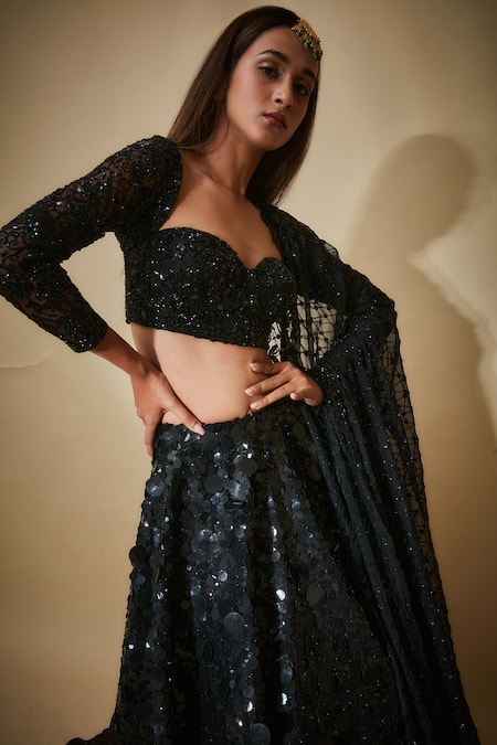 Shop_Premya By Manishii_Black Georgette, Tulle Sequins, Cut Work Sweetheart Hand Embroidered Lehenga Set _Online_at_Aza_Fashions