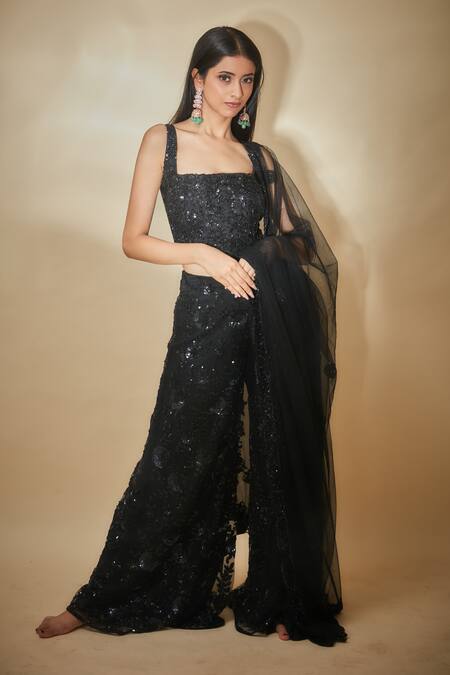 Premya By Manishii Black Tulle Beads Square Neck Hand Embroidered Corset Top Trouser Set Online at Aza Fashions Premya By Manishii_Black Tulle Beads Square Neck Hand Embroidered Corset Top Trouser Set _Online_at_Aza_Fashions