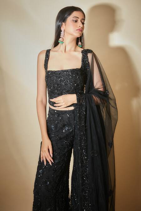 Shop Premya By Manishii Black Tulle Beads Square Neck Hand Embroidered Corset Top Trouser Set Online at Aza Fashions Shop_Premya By Manishii_Black Tulle Beads Square Neck Hand Embroidered Corset Top Trouser Set _Online_at_Aza_Fashions