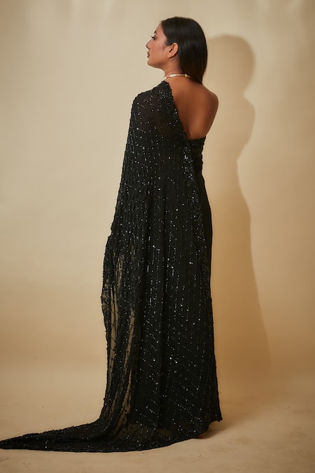 Shop Premya By Manishii Black Georgette, Tulle Sequins, Cut Work One Hand Embroidered Saree With Blouse at Aza Fashions Shop_Premya By Manishii_Black Georgette, Tulle Sequins, Cut Work One Hand Embroidered Saree With Blouse _at_Aza_Fashions