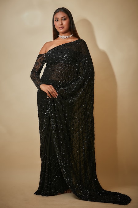 Premya By Manishii Black Georgette, Tulle Sequins, Cut Work One Hand Embroidered Saree With Blouse Online at Aza Fashions Premya By Manishii_Black Georgette, Tulle Sequins, Cut Work One Hand Embroidered Saree With Blouse _Online_at_Aza_Fashions