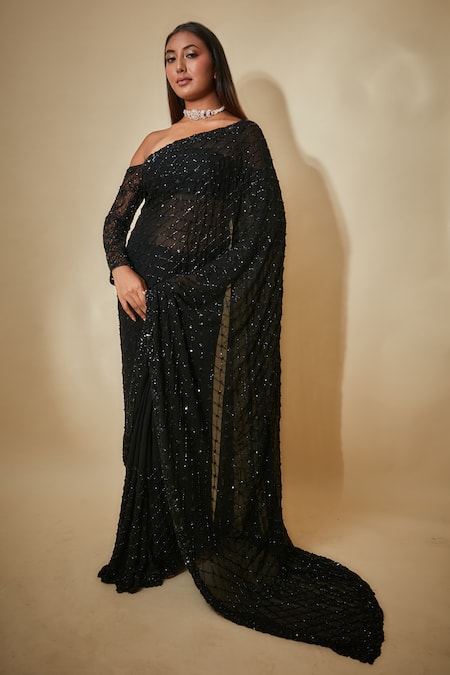 Buy Premya By Manishii Black Georgette, Tulle Sequins, Cut Work One Hand Embroidered Saree With Blouse Online at Aza Fashions Buy_Premya By Manishii_Black Georgette, Tulle Sequins, Cut Work One Hand Embroidered Saree With Blouse _Online_at_Aza_Fashions