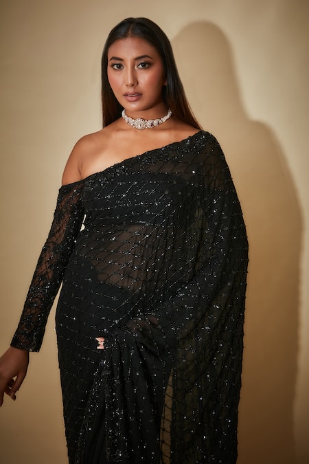 Shop Premya By Manishii Black Georgette, Tulle Sequins, Cut Work One Hand Embroidered Saree With Blouse Online at Aza Fashions Shop_Premya By Manishii_Black Georgette, Tulle Sequins, Cut Work One Hand Embroidered Saree With Blouse _Online_at_Aza_Fashions