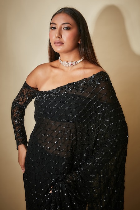 Premya By Manishii Black Georgette, Tulle Sequins, Cut Work One Hand Embroidered Saree With Blouse at Aza Fashions Premya By Manishii_Black Georgette, Tulle Sequins, Cut Work One Hand Embroidered Saree With Blouse _at_Aza_Fashions