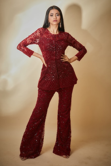 Premya By Manishii Maroon Tulle Sequins, Beads, Cut Work Hand Embroidered Jacket And Trouser Set Online at Aza Fashions Premya By Manishii_Maroon Tulle Sequins, Beads, Cut Work Hand Embroidered Jacket And Trouser Set _Online_at_Aza_Fashions