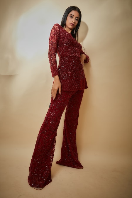 Buy Premya By Manishii Maroon Tulle Sequins, Beads, Cut Work Hand Embroidered Jacket And Trouser Set Online at Aza Fashions Buy_Premya By Manishii_Maroon Tulle Sequins, Beads, Cut Work Hand Embroidered Jacket And Trouser Set _Online_at_Aza_Fashions