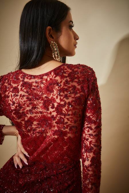 Premya By Manishii Maroon Tulle Sequins, Beads, Cut Work Hand Embroidered Jacket And Trouser Set at Aza Fashions Premya By Manishii_Maroon Tulle Sequins, Beads, Cut Work Hand Embroidered Jacket And Trouser Set _at_Aza_Fashions