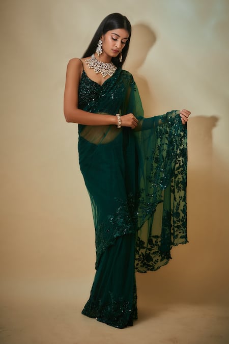 Premya By Manishii Green Tulle, Crepe Sequins Boat Neck Border Embroidered Saree With Blouse