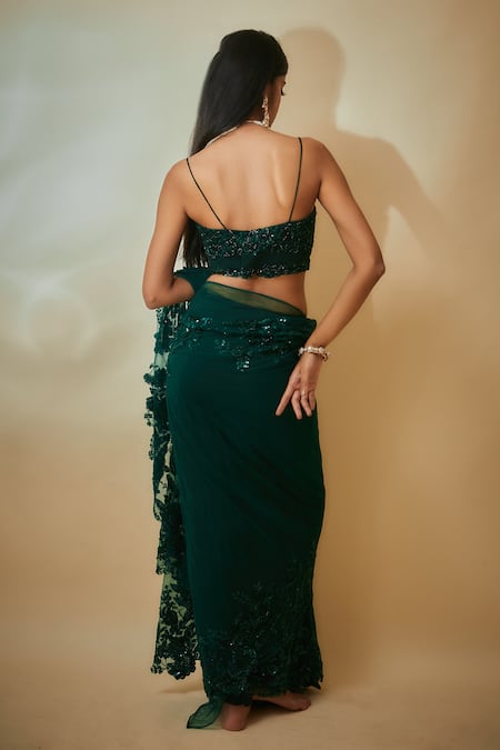 Shop Premya By Manishii Green Tulle, Crepe Sequins Boat Neck Border Embroidered Saree With Blouse at Aza Fashions Shop_Premya By Manishii_Green Tulle, Crepe Sequins Boat Neck Border Embroidered Saree With Blouse _at_Aza_Fashions