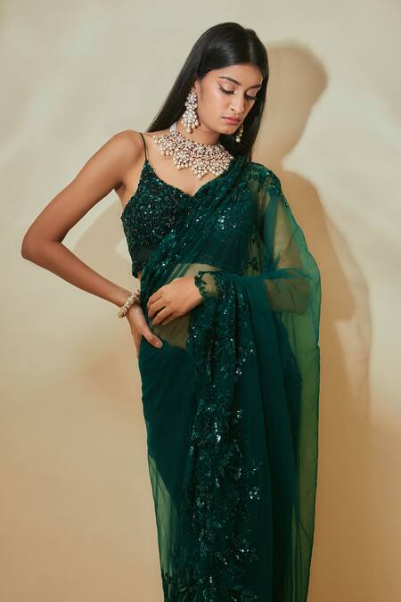 Buy Premya By Manishii Green Tulle, Crepe Sequins Boat Neck Border Embroidered Saree With Blouse Online at Aza Fashions Buy_Premya By Manishii_Green Tulle, Crepe Sequins Boat Neck Border Embroidered Saree With Blouse _Online_at_Aza_Fashions