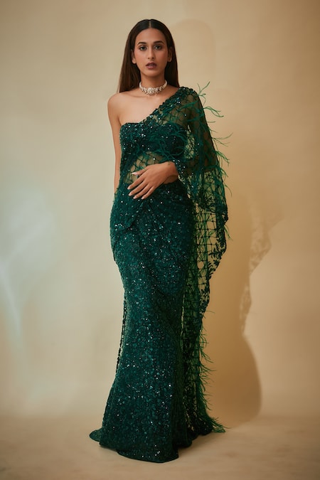 Premya By Manishii_Green Tulle Sequins, Feathers Bandeau Pre-stitched Mermaid Saree With Blouse _Online_at_Aza_Fashions