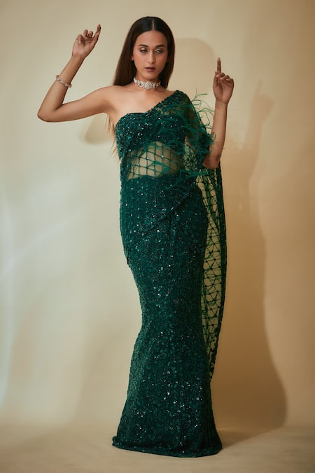 Buy_Premya By Manishii_Green Tulle Sequins, Feathers Bandeau Pre-stitched Mermaid Saree With Blouse _Online_at_Aza_Fashions