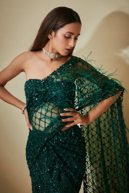 Shop_Premya By Manishii_Green Tulle Sequins, Feathers Bandeau Pre-stitched Mermaid Saree With Blouse _Online_at_Aza_Fashions
