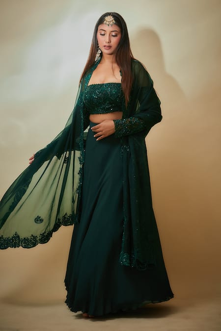 Shop Premya By Manishii Green Organza, Georgette, Tulle Cut Work, Embroidery One Blouse Lehenga Set at Aza Fashions Shop_Premya By Manishii_Green Organza, Georgette, Tulle Cut Work, Embroidery One Blouse Lehenga Set _at_Aza_Fashions
