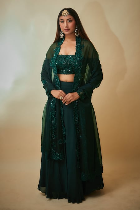 Premya By Manishii Green Organza, Georgette, Tulle Cut Work, Embroidery One Blouse Lehenga Set Online at Aza Fashions Premya By Manishii_Green Organza, Georgette, Tulle Cut Work, Embroidery One Blouse Lehenga Set _Online_at_Aza_Fashions