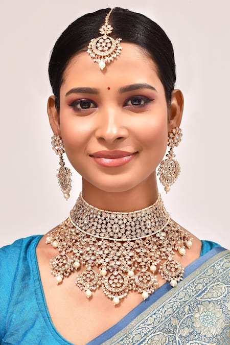 Zevar By Geeta Crecent Moon & Floral Cut Work Jewellery Set 