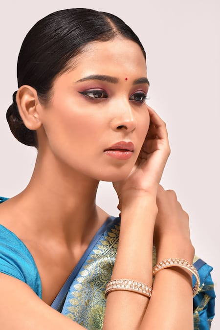 Shop_Zevar By Geeta_Gold Plated Diamonds, Stones Cut Work Kundan Embellished Bangles - Set Of 2 