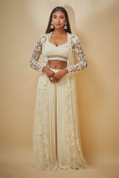 Premya By Manishii White Tulle, Georgette Embroidery Round , Open Hand Jacket Trouser Set 