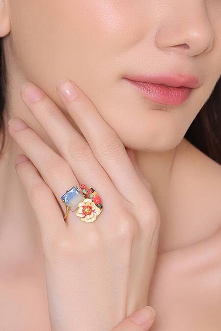 Buy Brashbug Multi Color Stone Hand Painted Bird Ring at Aza Fashions Buy_Brashbug_Multi Color Stone Hand Painted Bird Ring_at_Aza_Fashions