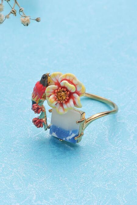 Shop Brashbug Multi Color Stone Hand Painted Bird Ring at Aza Fashions Shop_Brashbug_Multi Color Stone Hand Painted Bird Ring_at_Aza_Fashions