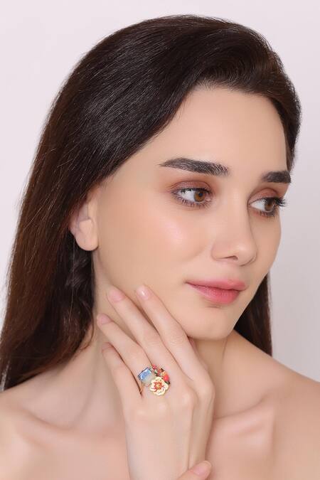 Brashbug Multi Color Stone Hand Painted Bird Ring at Aza Fashions Brashbug_Multi Color Stone Hand Painted Bird Ring_at_Aza_Fashions