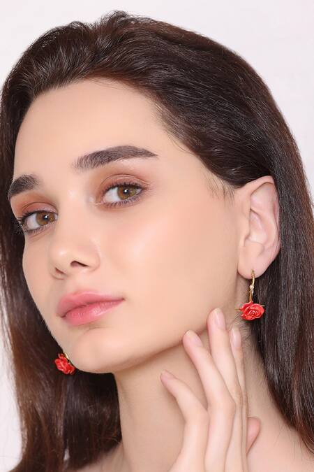 Brashbug_Red Stone Hand Painted Rose Hoop Earrings_at_Aza_Fashions