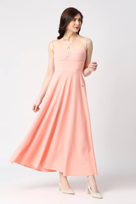 Emblaze_Peach Lace Sweetheart Neck Corset Fit And Flare Dress_at_Aza_Fashions