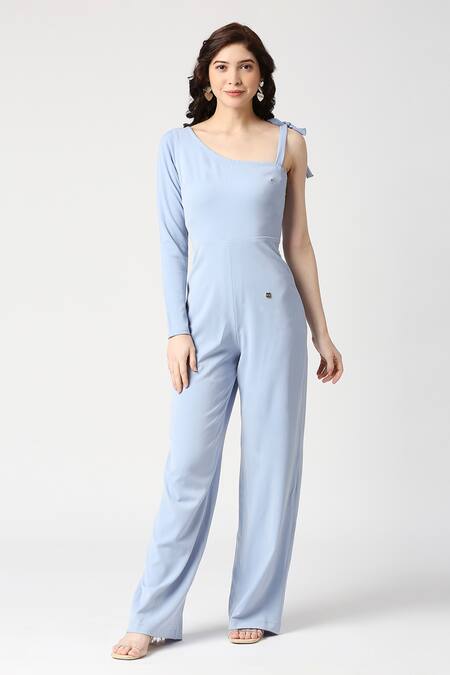 Emblaze_Sky Blue Lace Asymmetric One Shoulder Sleeve Jumpsuit_at_Aza_Fashions