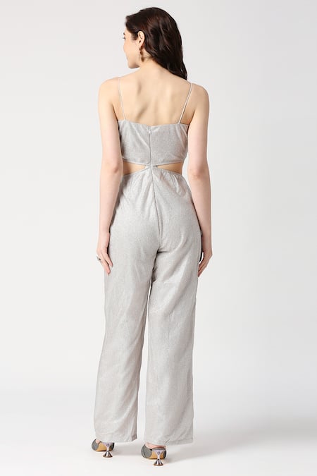 Shop Emblaze Silver Silk Scoop Neck Side Cutout Shimmer Jumpsuit at Aza Fashions Shop_Emblaze_Silver Silk Scoop Neck Side Cutout Shimmer Jumpsuit_at_Aza_Fashions