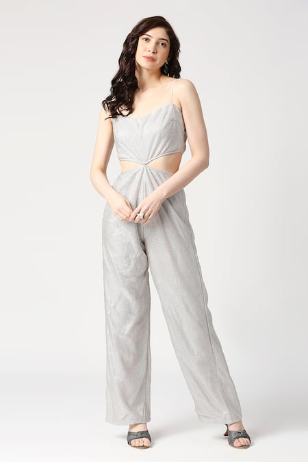 Emblaze Silver Silk Scoop Neck Side Cutout Shimmer Jumpsuit Online at Aza Fashions Emblaze_Silver Silk Scoop Neck Side Cutout Shimmer Jumpsuit_Online_at_Aza_Fashions