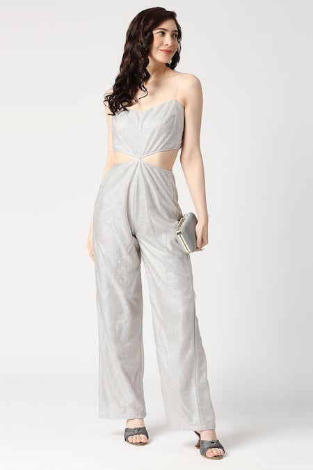 Buy Emblaze Silver Silk Scoop Neck Side Cutout Shimmer Jumpsuit Online at Aza Fashions Buy_Emblaze_Silver Silk Scoop Neck Side Cutout Shimmer Jumpsuit_Online_at_Aza_Fashions
