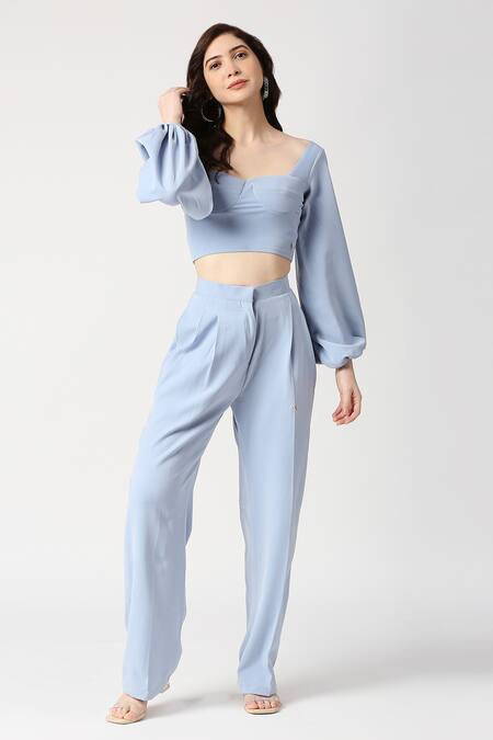 Buy_Emblaze_Sky Blue Lace Sweetheart Neck Bishop Sleeve Corset And Pant Set _Online_at_Aza_Fashions