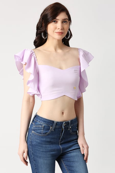 Purple ruffle crop sales top