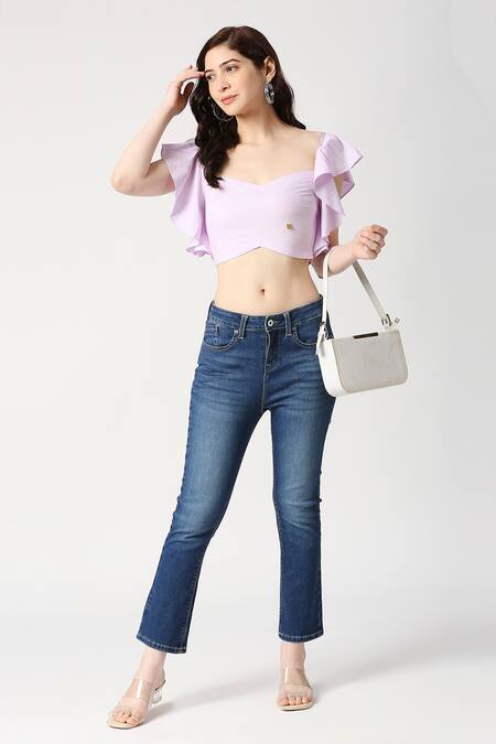 Shop Emblaze Purple Cotton Plain Sweetheart Neck Ruffle Sleeve Crop Top Online at Aza Fashions Shop_Emblaze_Purple Cotton Plain Sweetheart Neck Ruffle Sleeve Crop Top_Online_at_Aza_Fashions